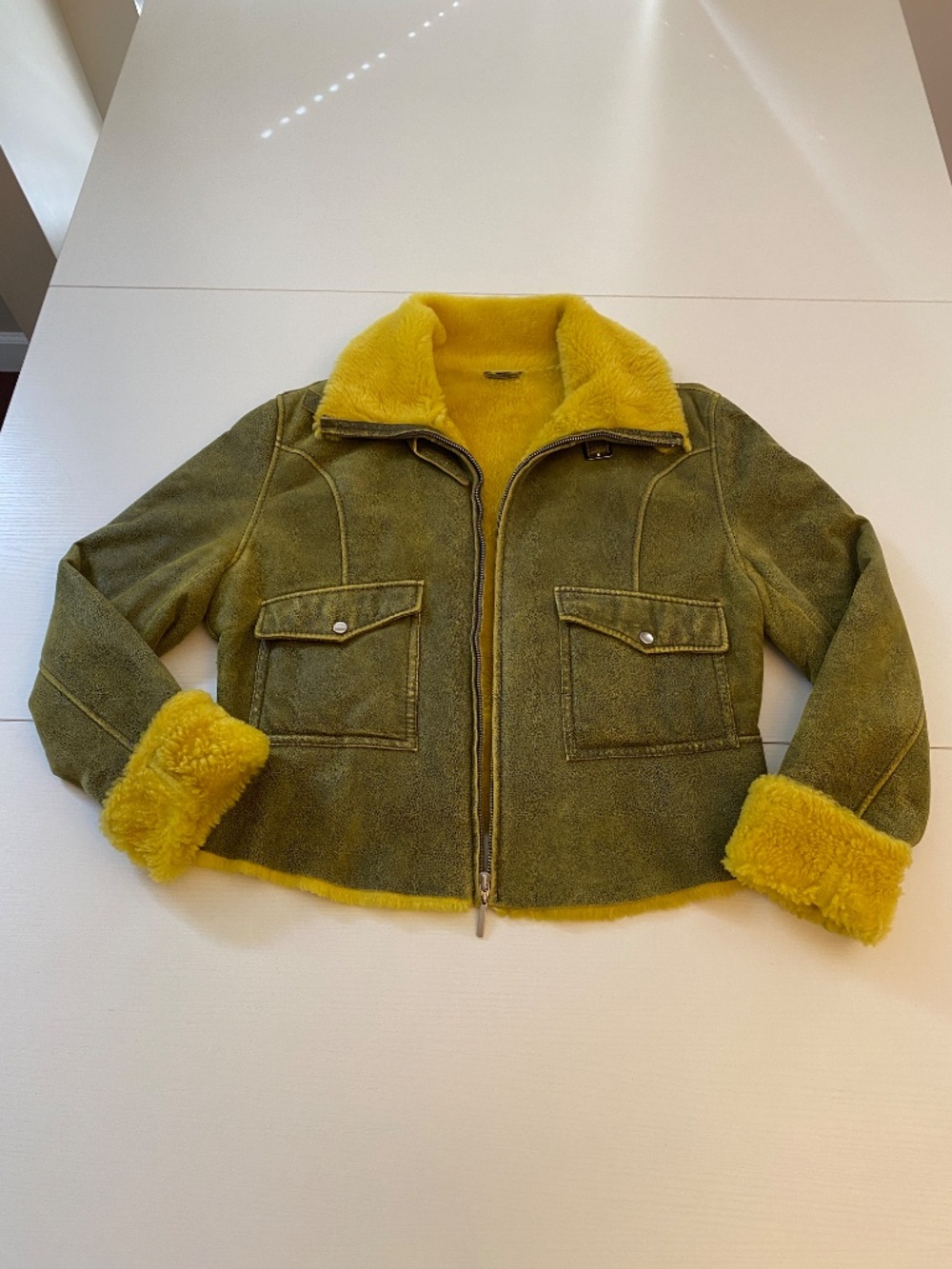 Chic Faux Shearling Aviator Jacket Textured Olive Green & Yellow, Size Medium